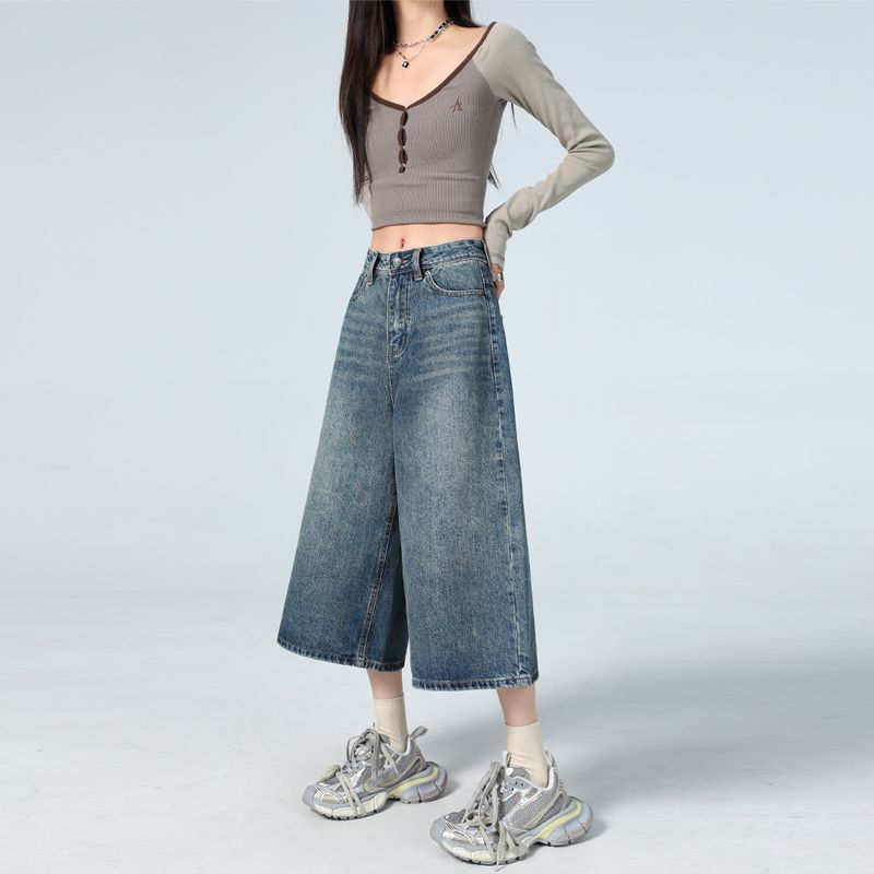 Mid Waist Washed Wide Leg Jorts