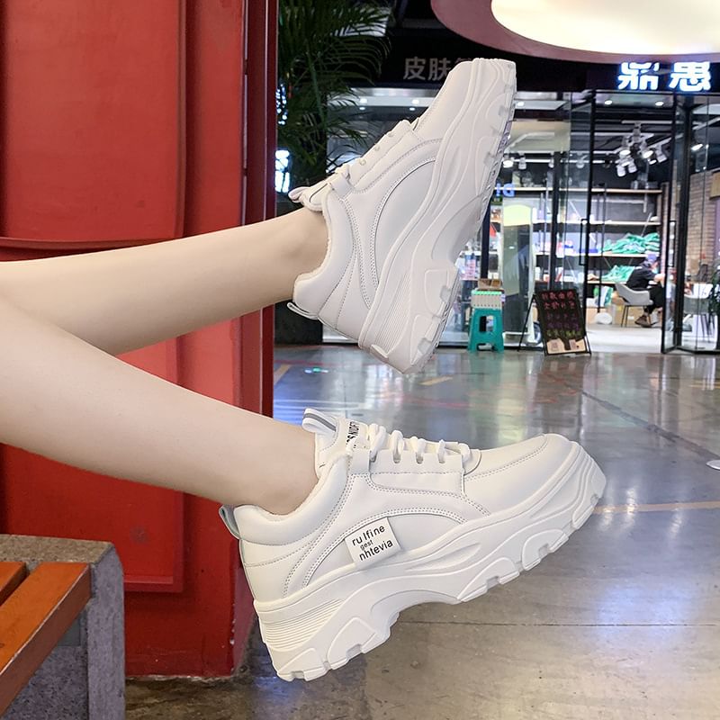 Lace-Up Plain Faux Sneakers Leather Platform