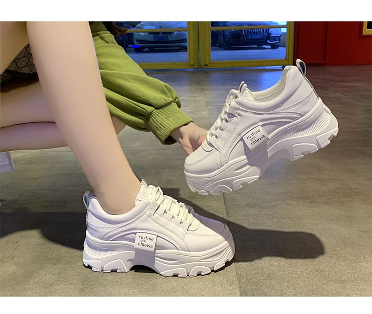 Lace-Up Plain Faux Sneakers Leather Platform