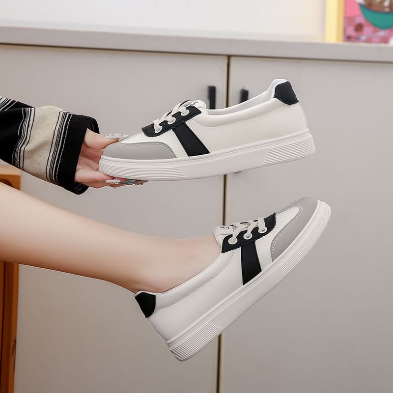 Leather Color Faux Sneakers Block Lace-Up