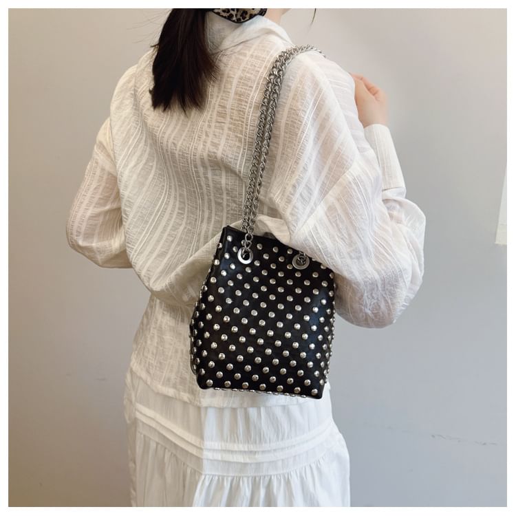 Faux Embroidered / Studded Bag Bucket Leaf Sequin Strap Chain