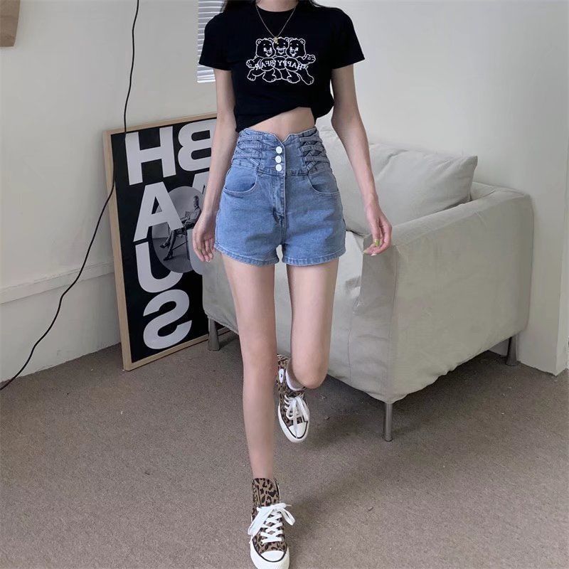 High Waist Washed Denim Lace Up Shorts