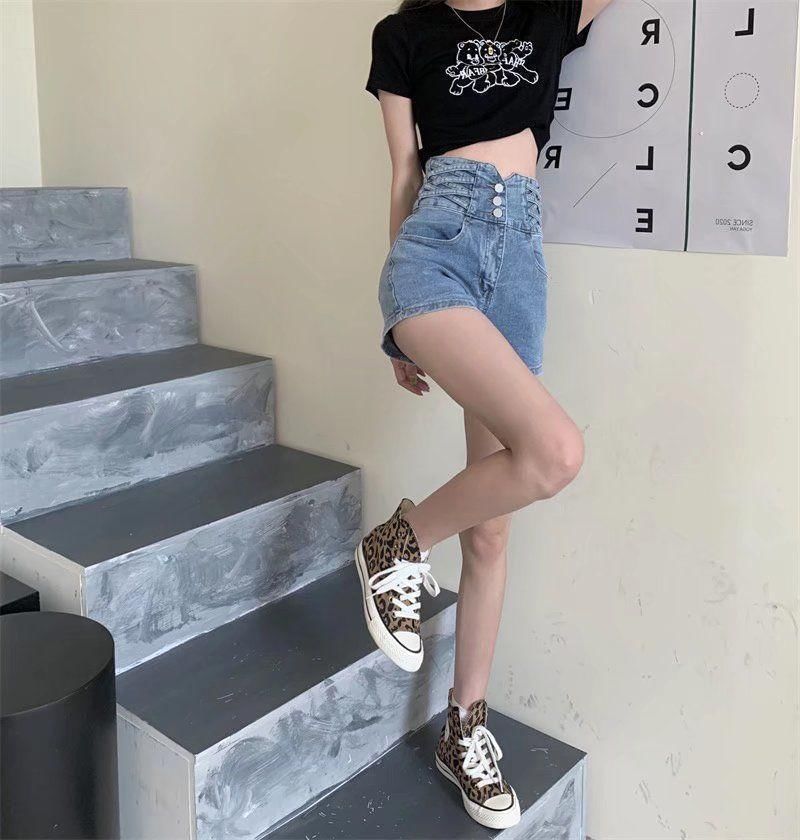 High Waist Washed Denim Lace Up Shorts