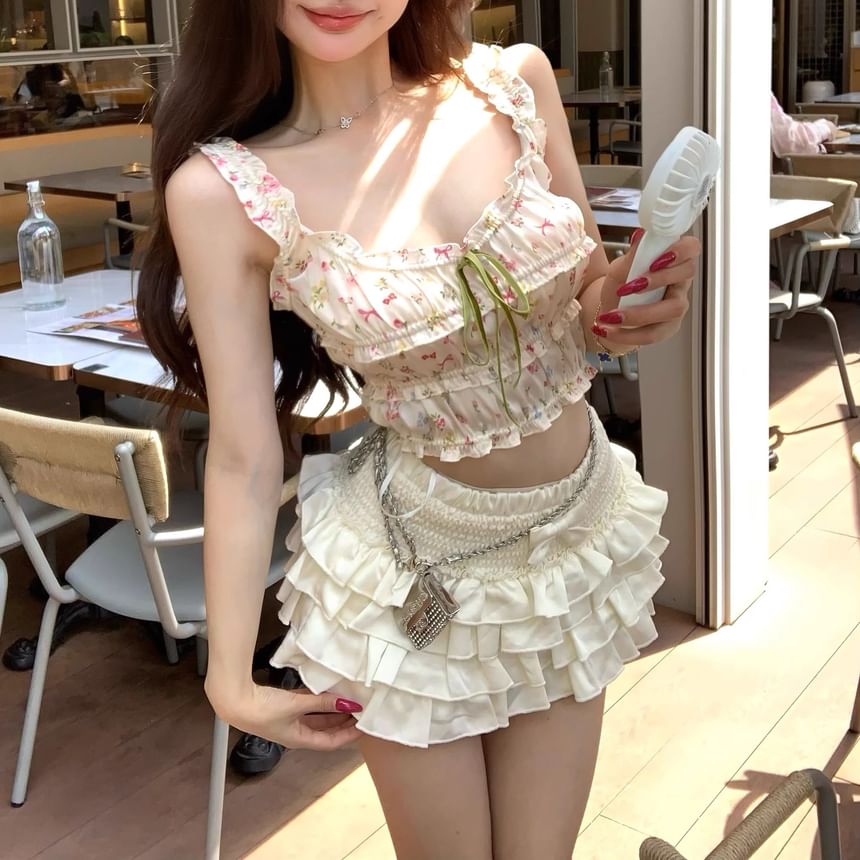 Mini Tiered Crop A-Line Waist Camisole / Skirt Panel Top Elastic Frill Floral Bow Print Plain