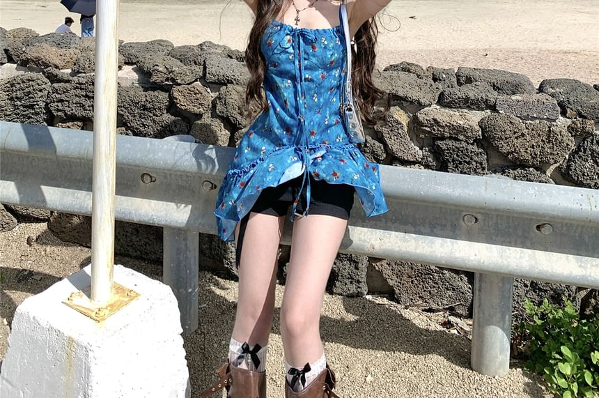 Floral Print Tie-Up Top Asymmetrical Cami