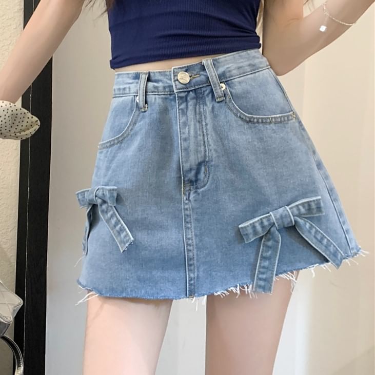 Denim Waist Shorts Fray Bow A-Line Mini High Washed