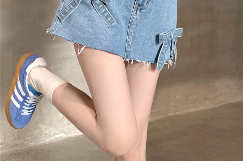 Denim Waist Shorts Fray Bow A-Line Mini High Washed