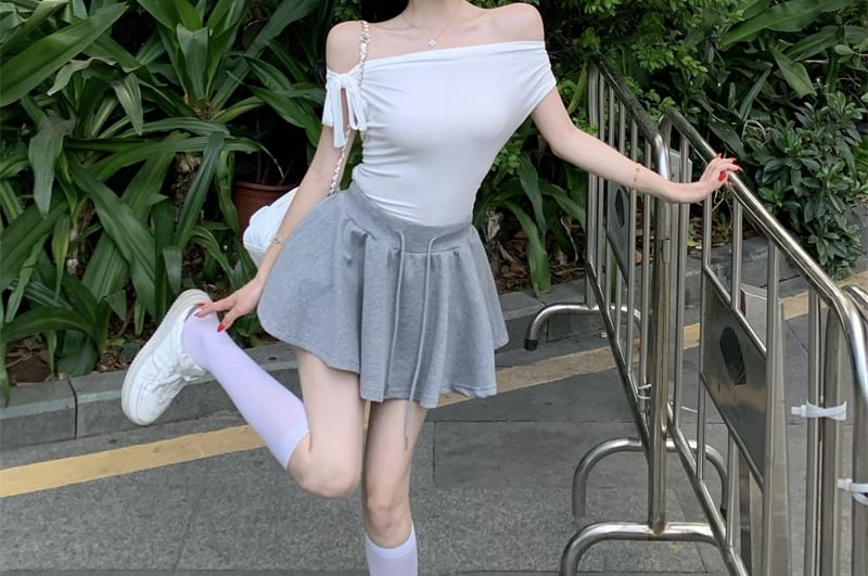 Mini Sleeveless / Drawstring Plain One Skirt Tie-Up Top Waist Shoulder A-Line