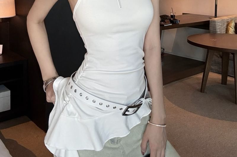 Halter Plain Top Asymmetrical Ruffle