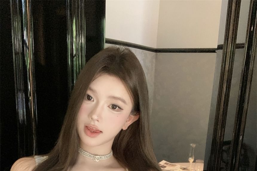 Mini Button Pearl Sleeveless High Pencil Skirt Neck Faux Scoop Set: Beaded Waist Tweed + Top Crop