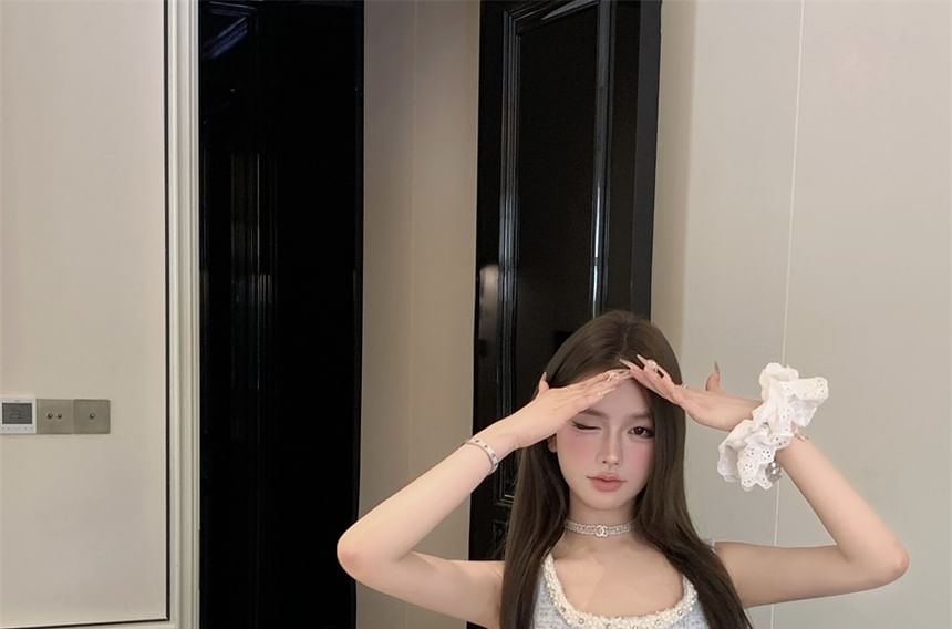 Mini Button Pearl Sleeveless High Pencil Skirt Neck Faux Scoop Set: Beaded Waist Tweed + Top Crop