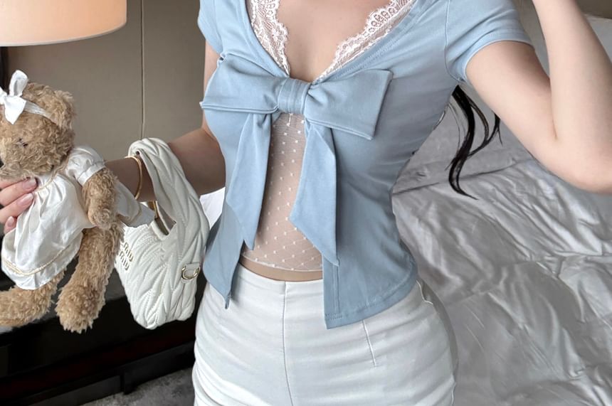 Panel Sleeve Bow Short Top V-Neck Lace