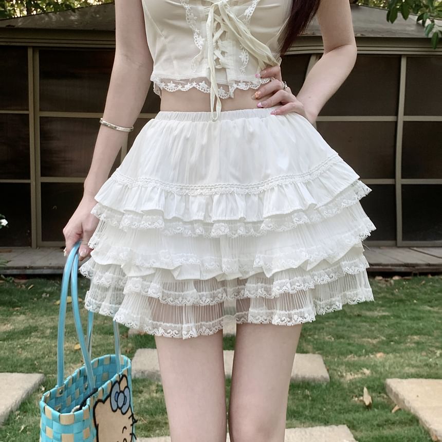 Waist Panel A-Line Mini Skirt Lace High Tiered Plain