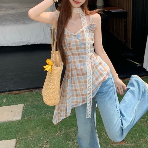 Plaid Top Camisole Asymmetrical