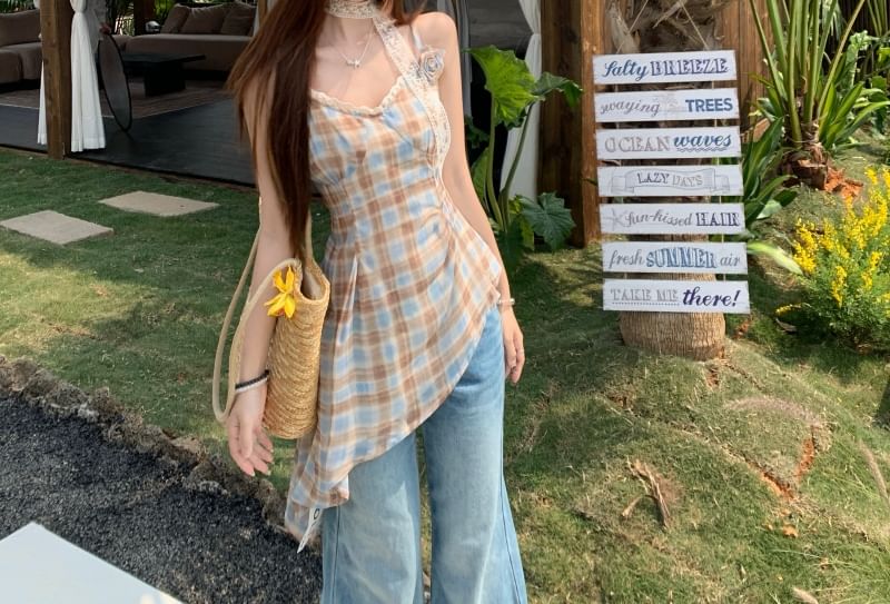 Plaid Top Camisole Asymmetrical