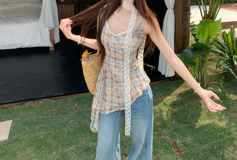 Plaid Top Camisole Asymmetrical