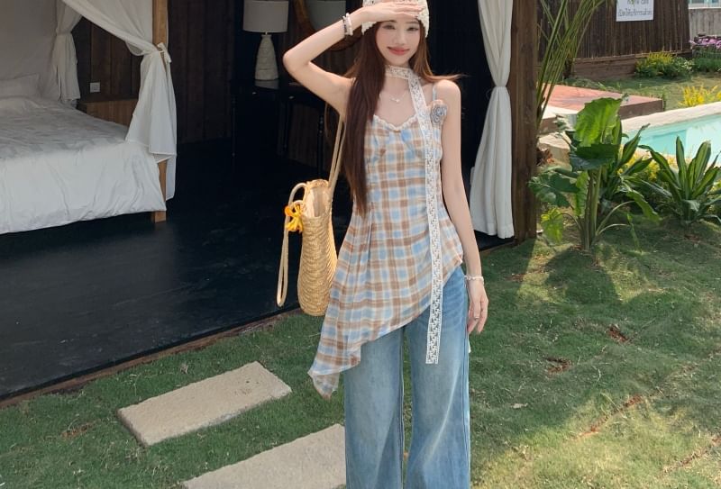 Plaid Top Camisole Asymmetrical