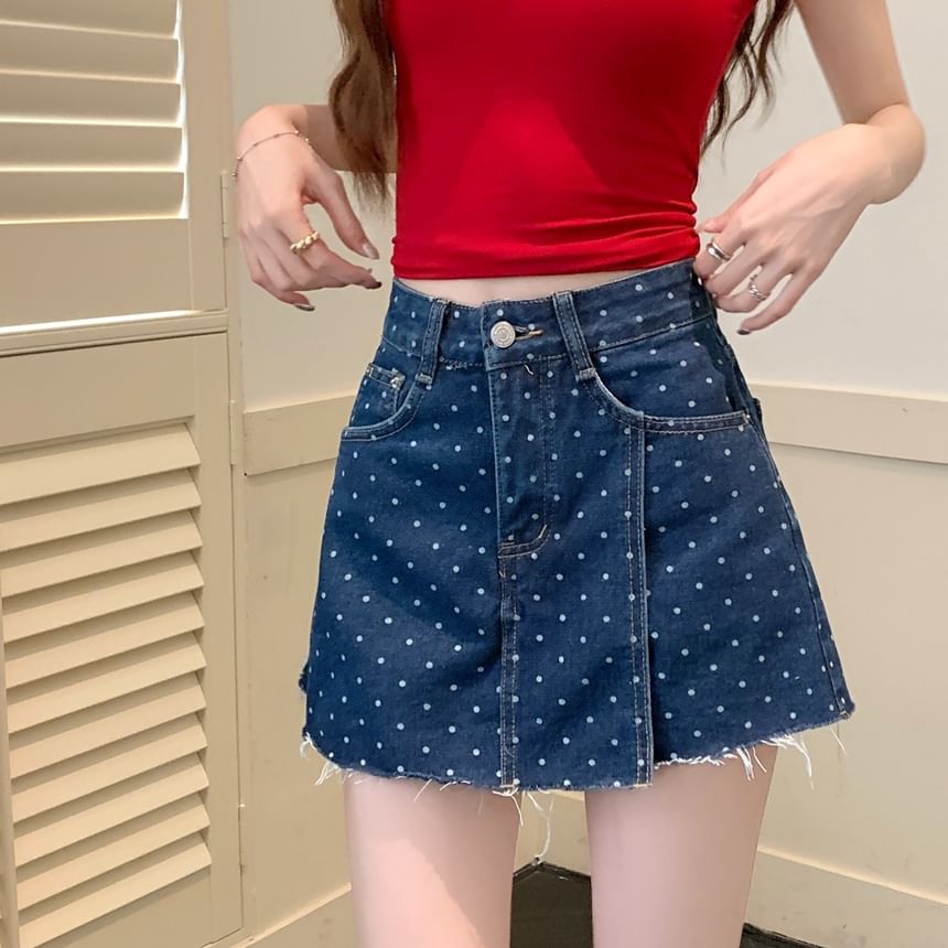 High Fray Dot Skirt A-Line Rise Denim Polka Mini