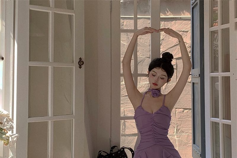 Spaghetti Plain A-Line Dress Strap Ruched Ruffle Mini