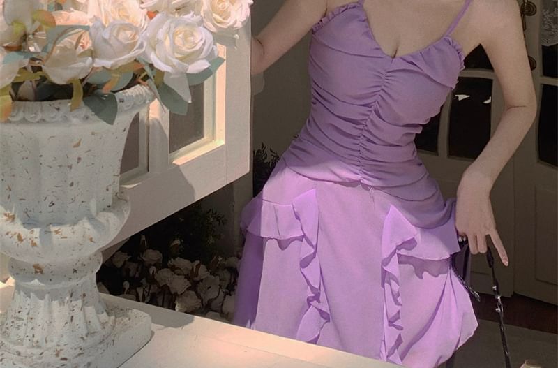 Spaghetti Plain A-Line Dress Strap Ruched Ruffle Mini