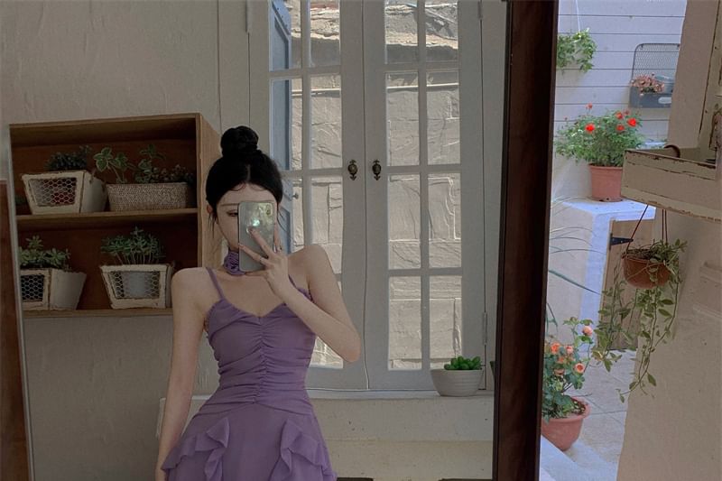 Spaghetti Plain A-Line Dress Strap Ruched Ruffle Mini