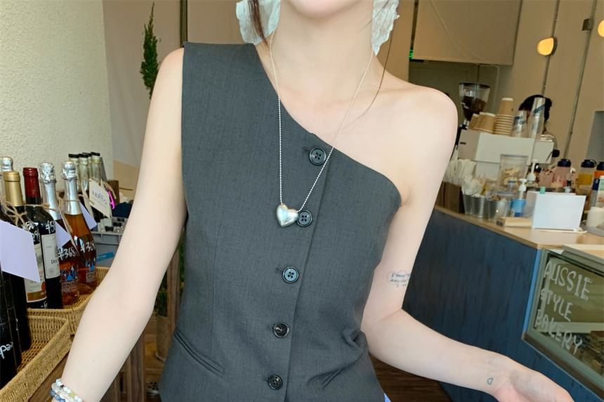 Shoulder Mini Button Top Plain Balloon One Waist / Skirt Sleeveless Drawstring A-Line