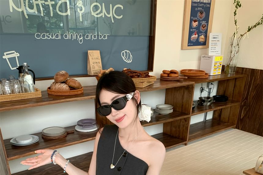 Shoulder Mini Button Top Plain Balloon One Waist / Skirt Sleeveless Drawstring A-Line