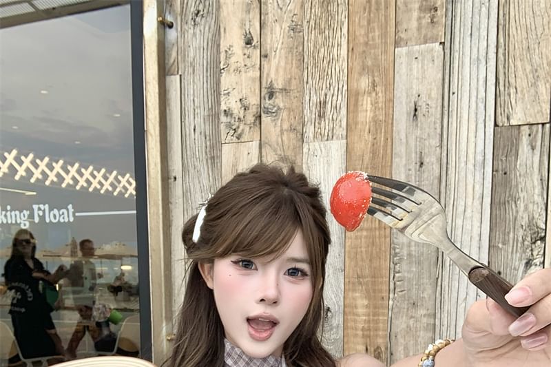 Piece Plaid Cowl Two Top Mock Sleeveless Neck