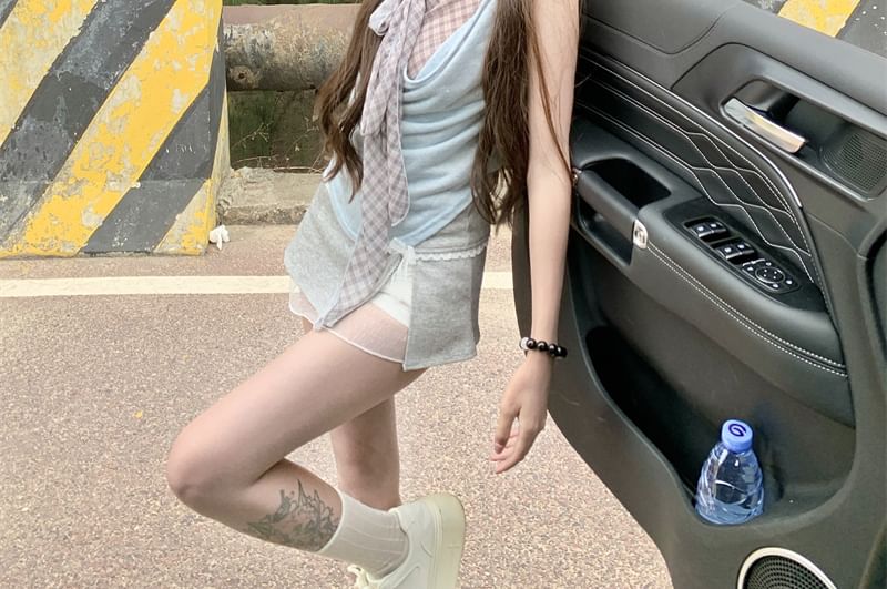 Piece Plaid Cowl Two Top Mock Sleeveless Neck