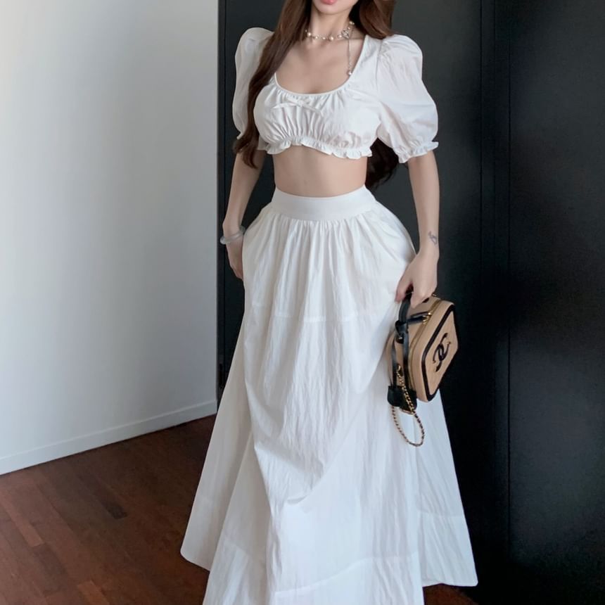 Scoop Neck Sleeveless Skirt A-Line Maxi High Plain Bow Blouse Frill Crop Rise /