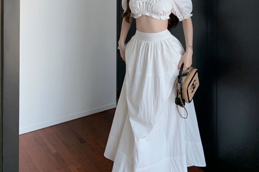 Scoop Neck Sleeveless Skirt A-Line Maxi High Plain Bow Blouse Frill Crop Rise /