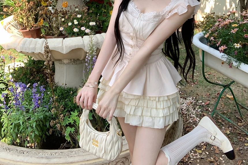 Sleeveless Lace Panel Blouse Bow Square Plain Neck Ruffle