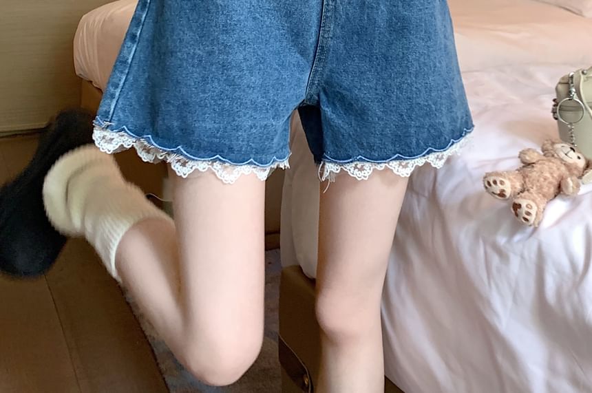 Denim Washed Shorts High Dotted Waist