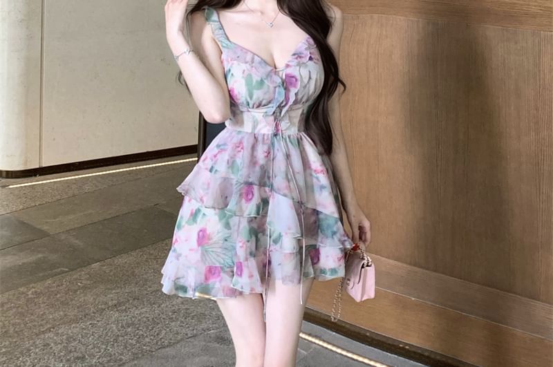 Floral Print A-Line Sleeveless Mini Ruffle Dress V-Neck