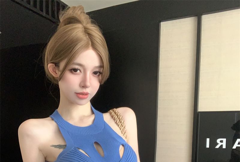 Cutout Slit Top Knit Plain Halter Ribbed