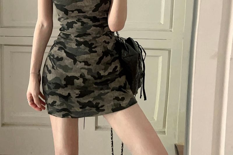 Strap Camouflage Sheath Spaghetti Dress Mini