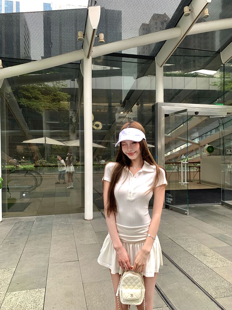 Mini Polo Ruched Sleeve Dress Plain A-Line Short