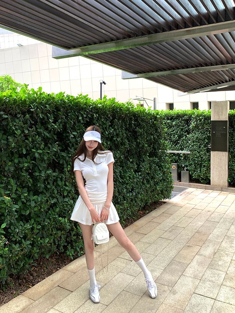 Mini Polo Ruched Sleeve Dress Plain A-Line Short