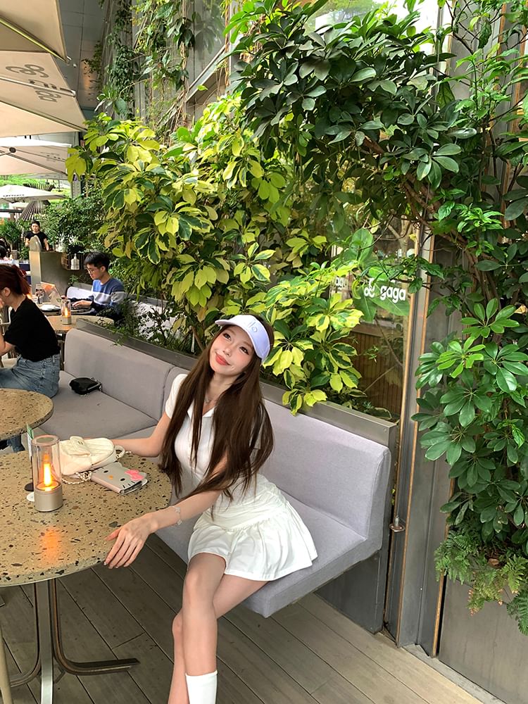 Mini Polo Ruched Sleeve Dress Plain A-Line Short