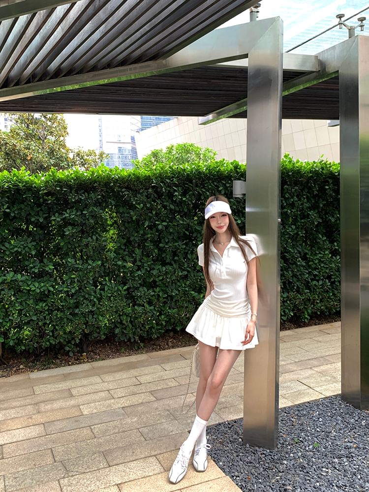 Mini Polo Ruched Sleeve Dress Plain A-Line Short