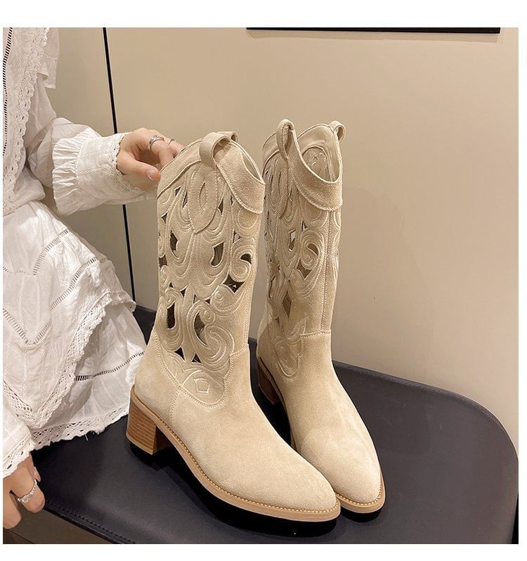Cutout Boots Chunky Mid-Calf Embroidered Heel