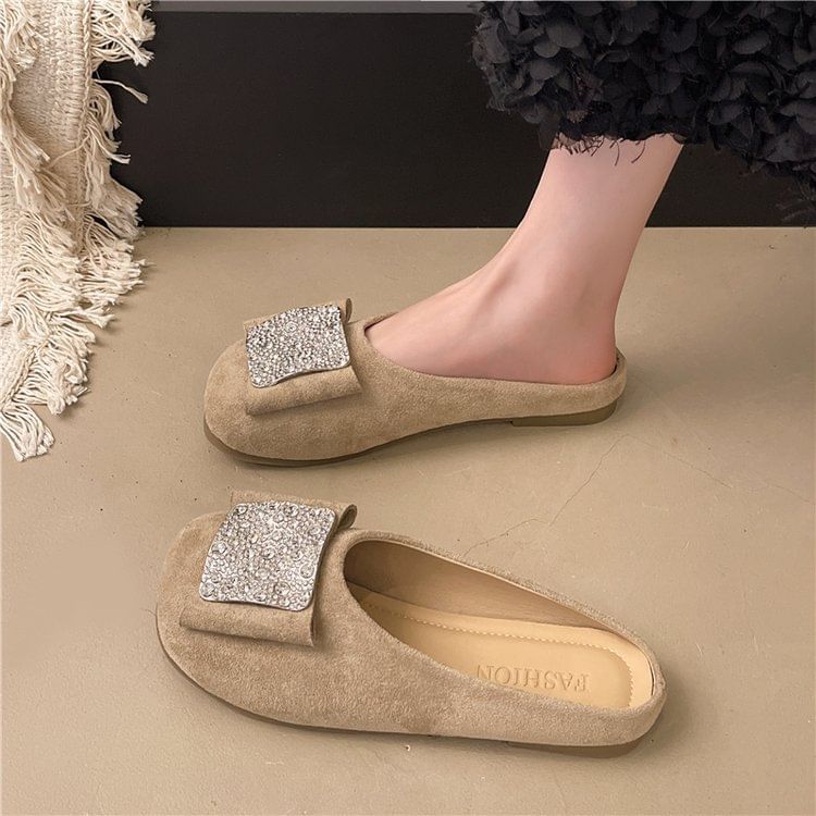 Rhinestone Round Toe Flat Mules