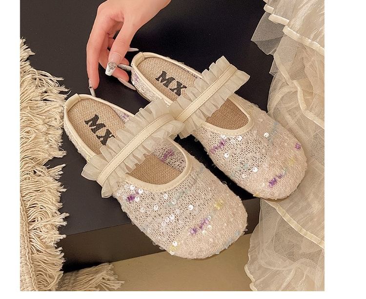 Round Toe Mary Sequin Jane Mules Mesh