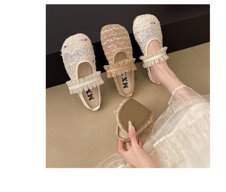 Round Toe Mary Sequin Jane Mules Mesh