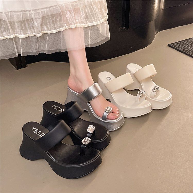 Toe Platform Slide Wedge Loop Rhinestone Heel Sandals