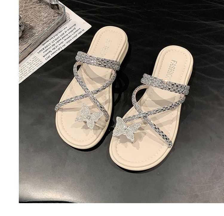 Toe Criss Sandals Slide Loop Cross Butterfly Rhinestone