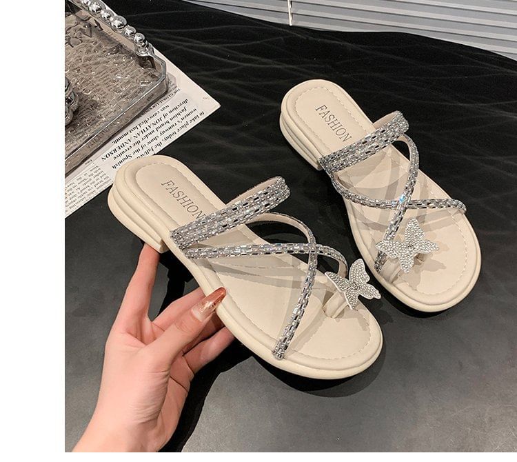 Toe Criss Sandals Slide Loop Cross Butterfly Rhinestone