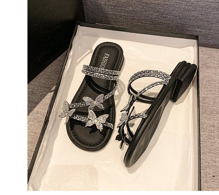 Sandals Strappy Slide Butterfly Rhinestone