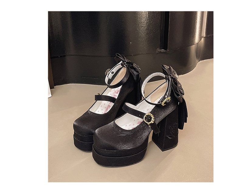 Mary Heel Bow Jane Embroidered Shoes Chunky Platform