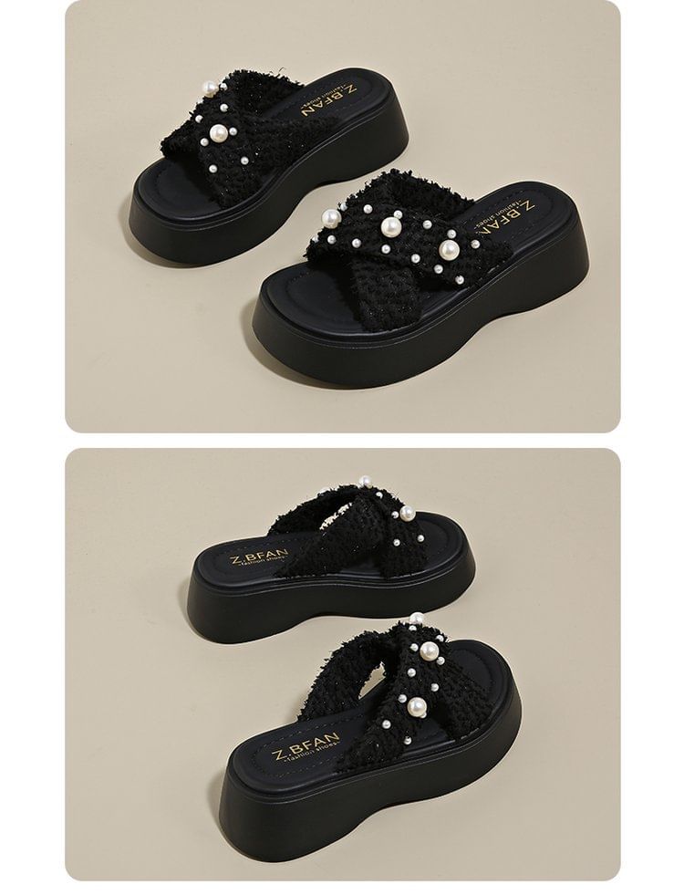 Faux Sandals Cross Pearl Criss Platform Slide